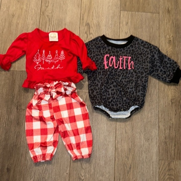 Lot of Baby Clothes Christmas Leopard Faith Embroidered Sz 6M Top & 3-6M Bottoms - Picture 1 of 5